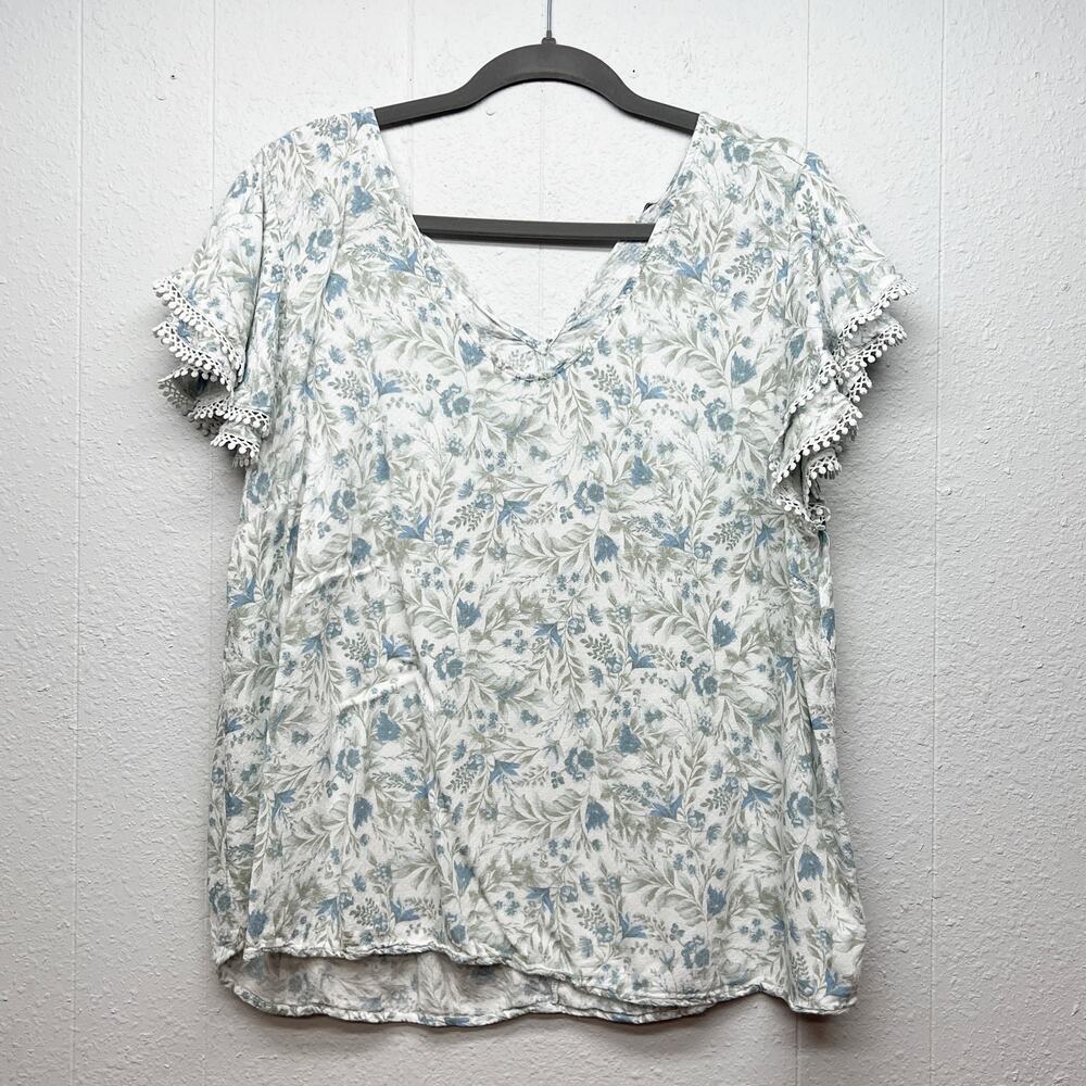 Angels Floral Pom Pom Ruffle Flutter Sleeve Top Womens 1X Forest Fairy Boho